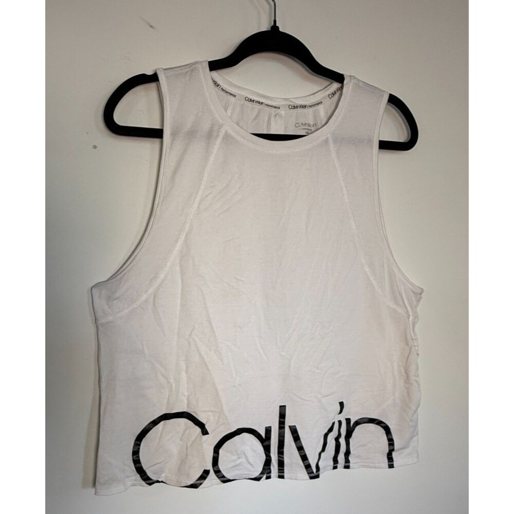 Calvin Klein Performance Womens Tank Top Round Neck Sleeveless TSz L White Logo